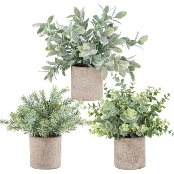 Mini Potted Fake Plants 3 Pack Artificial Eucalyptus Home Office Desk Decor - Picture 1 of 7